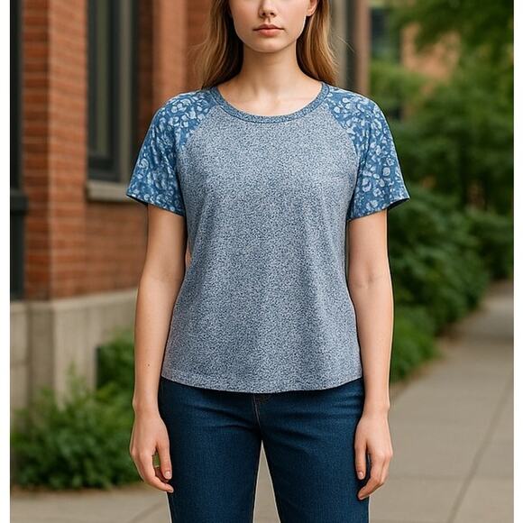 LUCKY BRAND Floral Mixed Tee Blue Boho Cotton Blend Womens Medium - Picture 1 of 6